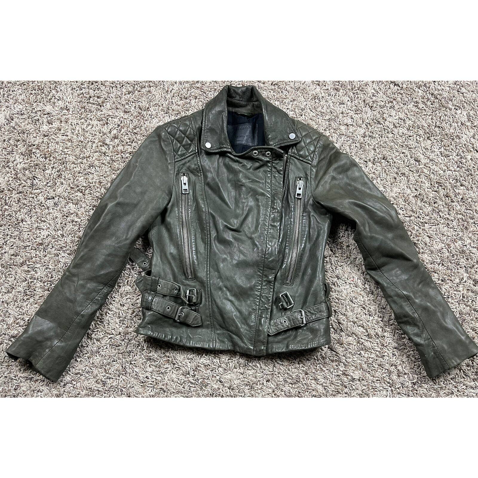 Allsaints Hawks Leather Biker Jacket Green Us Size 4